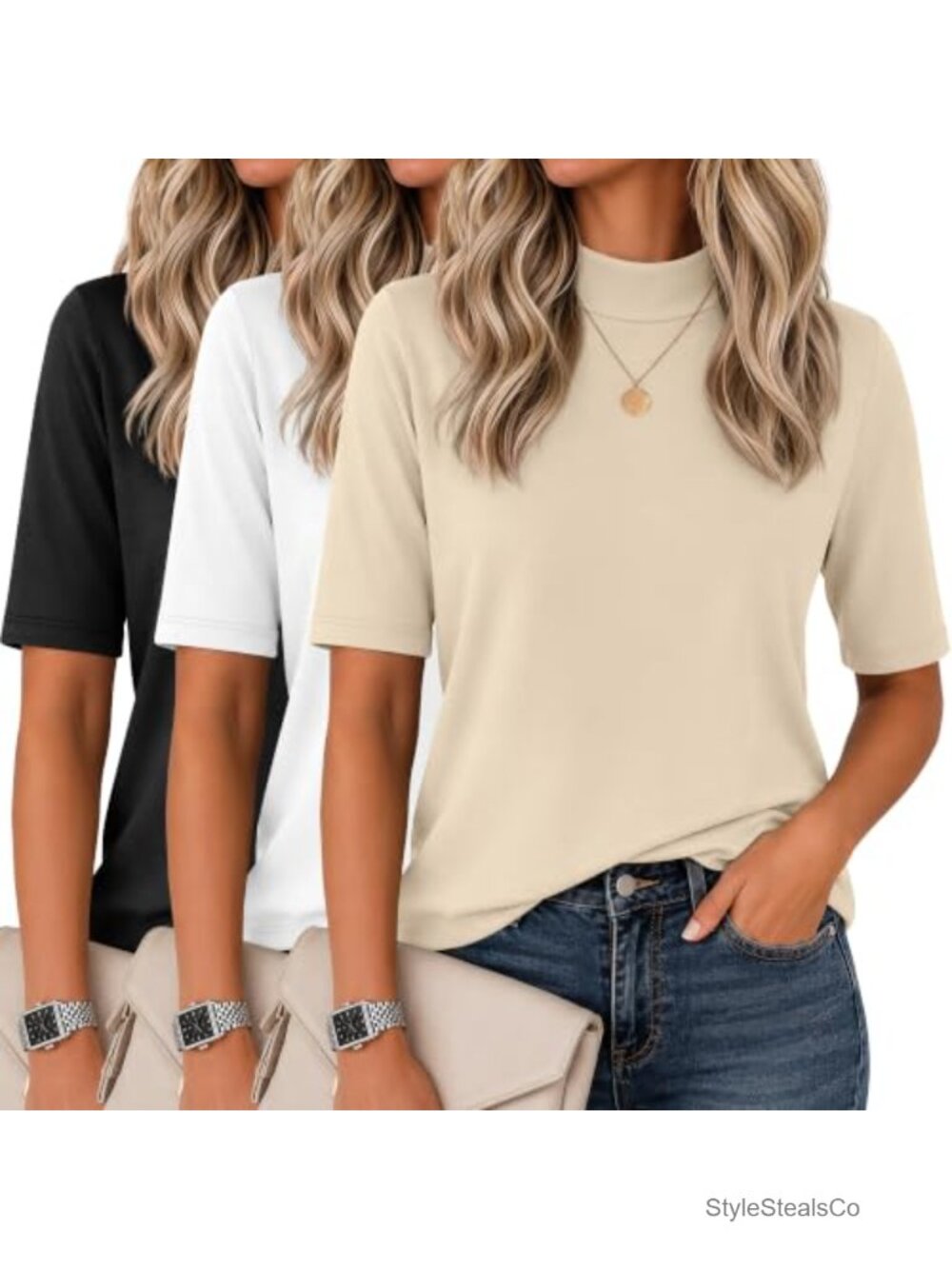 Mock Neck Half Sleeve Fitted T-Shirts 3 Pack Polyester Blend Business Casual